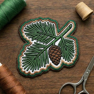 May include: Embroidered patch featuring a detailed pine branch with a pine cone. The patch has a green, white, and brown color scheme with a scalloped edge. The patch is on a wooden surface with sewing supplies.