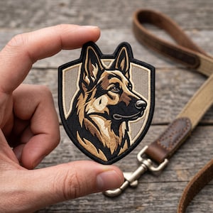 May include: An embroidered shield-shaped patch featuring a detailed German Shepherd dog head in profile. The dog has black and tan fur, pointed ears, and a dark muzzle. The patch has a beige background with a thick black border and stitching.