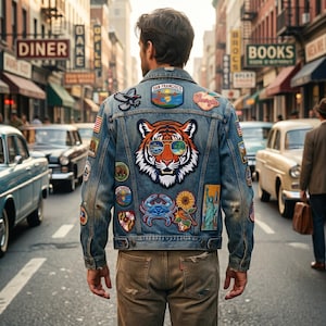 May include: A light-wash denim jacket decorated with various patches, including a tiger wearing sunglasses, a San Francisco patch, and a crab. The jacket is worn by a person walking down a city street.