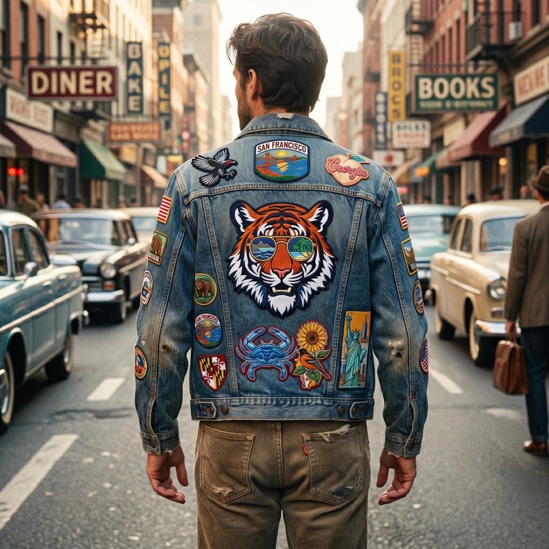 May include: A light-wash denim jacket decorated with various patches, including a tiger wearing sunglasses, a San Francisco patch, and a crab. The jacket is worn by a person walking down a city street.