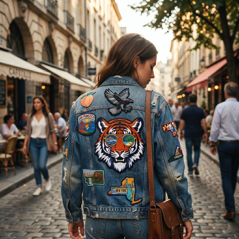 May include: A blue denim jacket adorned with embroidered patches, including a tiger wearing sunglasses, a bird, and patches with the text "San Francisco" and "New York". The jacket is worn with a brown leather shoulder bag.