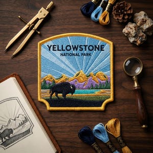May include: An embroidered patch featuring a black bison standing before a turquoise lake, purple and gold mountains, and a light blue sunburst sky. The text reads YELLOWSTONE NATIONAL PARK in black letters. The patch has a gold border.