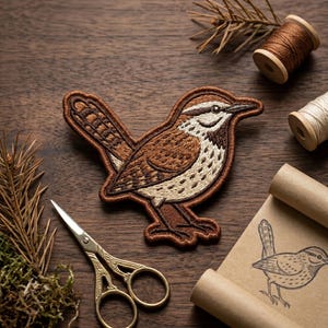 May include: An embroidered patch featuring a brown and cream-colored bird with a detailed stitched pattern, positioned alongside a pair of gold-toned metal scissors, two wooden spools of thread, and a paper scroll with a bird sketch.