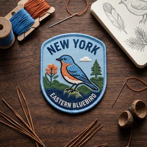 May include: A light blue embroidered patch featuring a blue and orange Eastern Bluebird perched on a rock. The text NEW YORK is arched at the top and EASTERN BLUEBIRD is at the bottom. The design includes a green pine tree and orange flower.