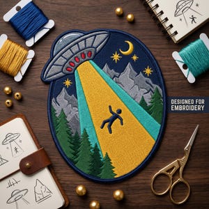 May include: Embroidered patch featuring a UFO beaming up a person. The design includes a night sky with mountains, trees, stars, and a crescent moon. The patch is surrounded by embroidery supplies and the text "DESIGNED FOR EMBROIDERY".