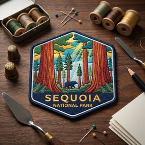 May include: A hexagonal embroidered patch featuring a forest scene with tall redwood trees, a black bear, and light rays, with the text SEQUOIA NATIONAL PARK in gold. The patch is surrounded by sewing supplies including thread spools, pins, and thimbles.