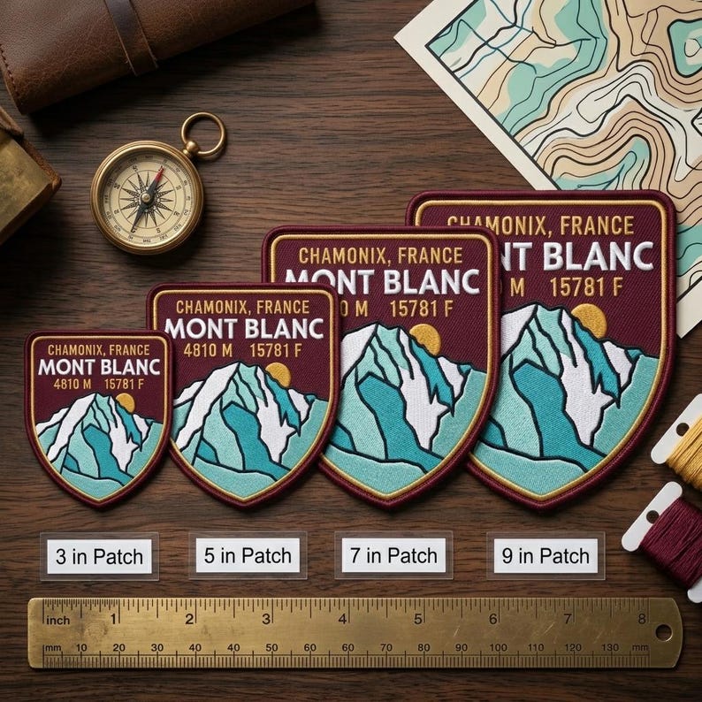 May include: Embroidered patches with the text "Chamonix, France Mont Blanc" and a mountain and sun design. Available in 7.6, 12.7, 17.8, and 22.9 cm sizes. The patches have a burgundy background with teal and white mountain details.