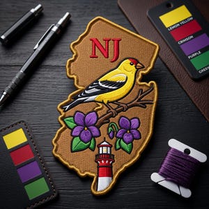 May include: Embroidered patch in the shape of New Jersey, featuring a yellow bird, purple flowers, and a lighthouse. The patch includes the letters "NJ" in red. A color palette with "Lemon Yellow", "Crimson", "Purple", and "Green" is visible.