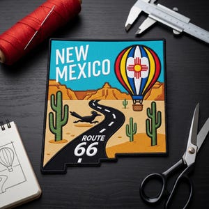 May include: Embroidered New Mexico patch featuring a hot air balloon, Route 66, and desert landscape. The patch includes the text "NEW MEXICO" and "ROUTE 66". The design incorporates a roadrunner and cacti.