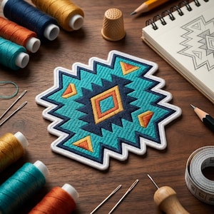 May include: An embroidered patch featuring a geometric pattern in turquoise, dark blue, orange, and yellow. The patch is surrounded by sewing supplies including spools of thread, needles, a thimble, a pencil, a sketchbook, and a measuring tape.