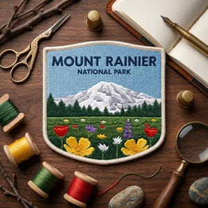 Mount Rainier National Park Embroidered Patch Mountain Wildflower Travel Souvenir Hiking Iron On Badge