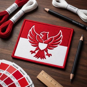 May include: A red and white embroidered patch featuring a stylized eagle design. The patch is rectangular with a red border and a white lower half. Embroidery floss, pencils, a color swatch, and a ruler are arranged around the patch on a wooden surface.