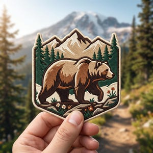 May include: An embroidered patch featuring a brown bear walking through a landscape with green pine trees, small colorful flowers, and snow-capped mountain peaks in the background. The patch has a cream-colored border and a shield-like shape.
