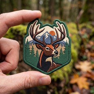 Deer Embroidered Patch, Mountain Buck Iron On Badge, Wilderness Wildlife Nature Adventure Gear