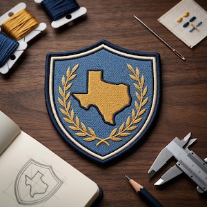 May include: A shield-shaped embroidered patch featuring a gold Texas state outline surrounded by a gold laurel wreath on a blue background, with a dark blue border, accompanied by embroidery thread, a needle, a sketch, and a metal caliper.