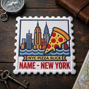 May include: Embroidered patch featuring a slice of pizza and the New York City skyline. The patch has a white border with the text "NYC PIZZA SLICE" and "NAME - NEW YORK" in red. The pizza slice is yellow with red pepperoni.