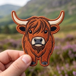 May include: An embroidered patch featuring a stylized Highland cow head with long, curved cream-colored horns, shaggy rust-brown fur, dark brown ears, and a cream-colored muzzle with a black nose, all outlined in a thick rust-colored border.