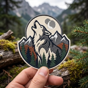 Howling Wolf Embroidered Patch Mountain Wilderness Iron On Nature Adventure Badge