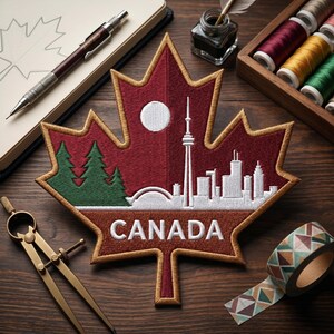 May include: A maple leaf-shaped embroidered patch featuring a maroon background, a white moon, green pine trees, and a white Toronto skyline silhouette. The word CANADA is stitched in white at the bottom, bordered by gold thread.