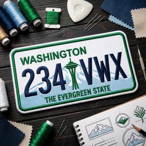 May include: A rectangular embroidered patch featuring a Washington license plate design. It displays the text WASHINGTON, 234 VWX, and THE EVERGREEN STATE in dark blue and green thread, with a green Space Needle icon and a light blue mountain graphic.