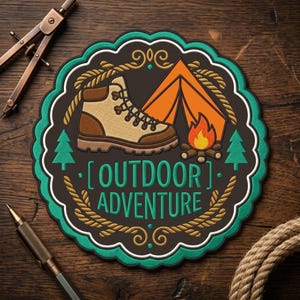 May include: A circular patch with a teal border and the words "OUTDOOR ADVENTURE." The patch features a hiking boot, orange tent, campfire, and pine trees. The design is set against a dark brown background with gold rope accents.