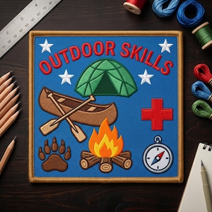 May include: Embroidered patch with the words "OUTDOOR SKILLS" in red. The patch features a green tent, a brown canoe with crossed paddles, a campfire, a bear paw print, a red cross, and a compass on a blue background.