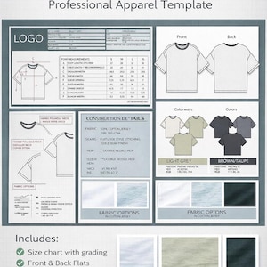 Mall för tekniskt paket för baggy t-shirts | Specifikationsblad för professionella kläder (digital nedladdning)