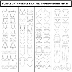 Mallar för teknikpaket för underkläder, bikini och bh | 37 produktionsklara specifikationsblad för plagg