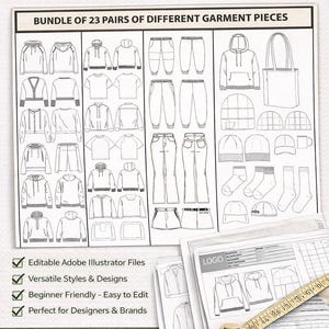 May include: A white template bundle with garment designs, including hoodies, pants, and accessories. The image includes the text "HUGE TECH PACK TEMPLATE BUNDLE" and "INSTANT DOWNLOAD".