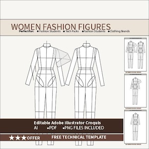 Puede incluir: Dibujo lineal de dos figuras de moda femenina con un diseño de mono, con bocetos de figuras más pequeños. El texto en la parte superior dice "WOMEN FASHION FIGURES". Debajo, el texto dice "Editable Adobe Illustrator Croquis" y "FREE TECHNICAL TEMPLATE".