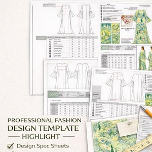 Puede incluir: Un modelo de paquete técnico de caftán de Etsy, con hojas de especificaciones de diseño, bocetos técnicos, una guía de medidas y detalles de tela e impresión. La imagen incluye bocetos de diseños de caftanes.