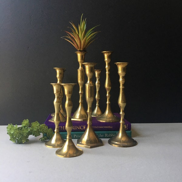 Brass Candlestick Holders, Set of 9, Assorted Large Candle Holders, Mid Century Brass, Hollywood Regency, Boho Wedding, MCM Brass, Bohemian