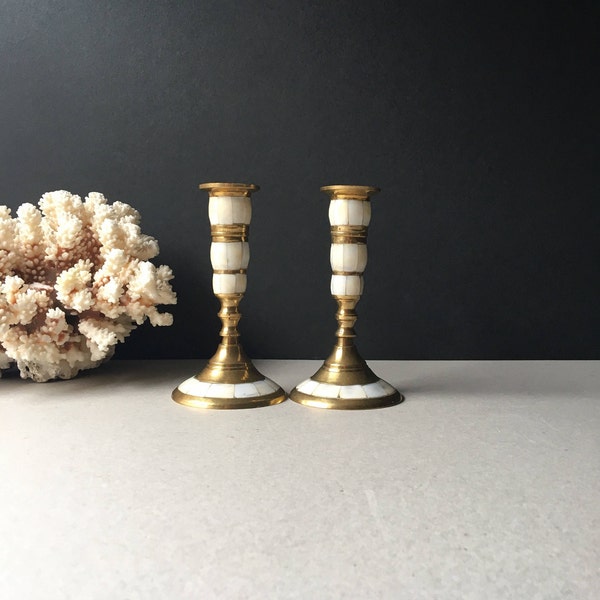 Vintage Brass Mother of Pearl Candlesticks Candle Holders, Mid Century Modern, Abalone Shell Inlay, Hollywood Regency, Coastal Chic Decor