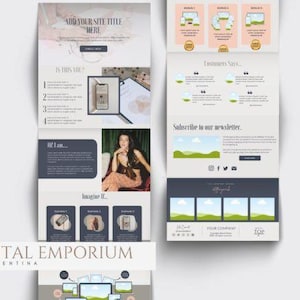 Pode incluir: Layout de site de marketing digital com fundo branco e se&ccedil;&otilde;es de conte&uacute;do. O design inclui texto, imagens e um bot&atilde;o de call to action. O layout apresenta uma mulher e um telefone.