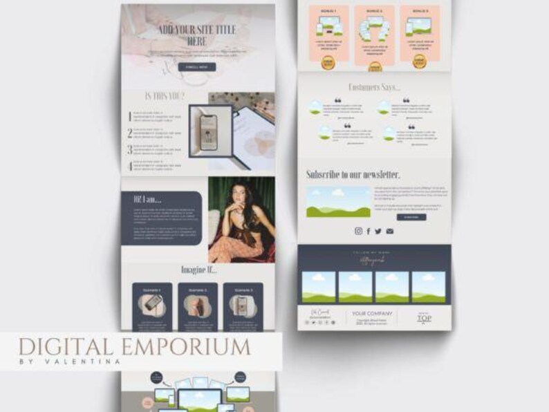 Pode incluir: Layout de site de marketing digital com fundo branco e se&ccedil;&otilde;es de conte&uacute;do. O design inclui texto, imagens e um bot&atilde;o de call to action. O layout apresenta uma mulher e um telefone.