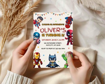 Superhero Birthday Invitation Editable Canva Template Digital Evite Printable Kids Party Custom Colorful Design