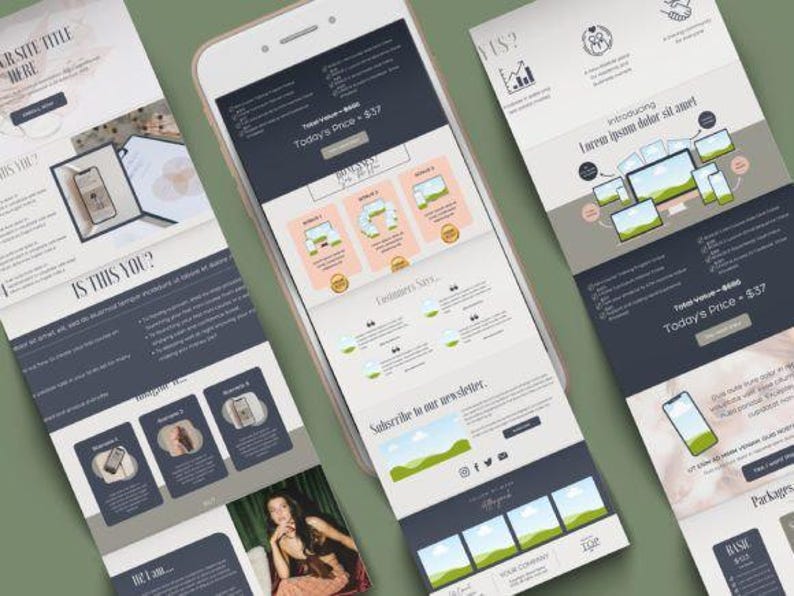 Pode incluir: Um smartphone exibe um layout de site com um design limpo e moderno. O site apresenta se&ccedil;&otilde;es com texto, imagens e um call to action. O layout inclui um cabe&ccedil;alho, conte&uacute;do do corpo e rodap&eacute;. O texto "Today's Price 37$" &eacute; vis&iacute;vel.