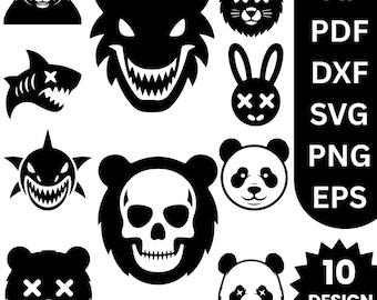 Paquete de archivos SVG de calaveras de animales / Diseños de panda gótico, lobo demoníaco, tiburón y oso (descarga digital)