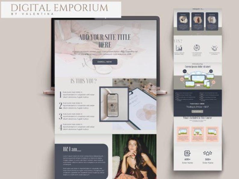 Pode incluir: Um ecr&atilde; de laptop exibe um design de site com o texto "ADD YOUR SITE TITLE HERE" e "ENROLL NOW." O design inclui um mockup de telefone, gr&aacute;ficos e se&ccedil;&otilde;es com o texto "IS THIS YOU?" e "Hi! I am..." O banner superior diz "DIGITAL EMPORIUM BY VALENTINA."
