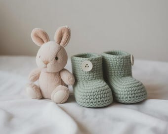 Handmade Plush Bunny and Crochet Baby Booties Set - Sage Green Newborn Gift Set