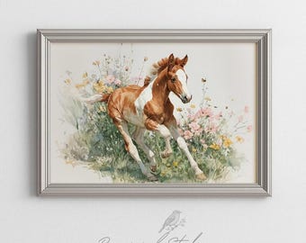 Lámina de acuarela de un potro, decoración de pared para habitación infantil con flores silvestres (descarga digital)