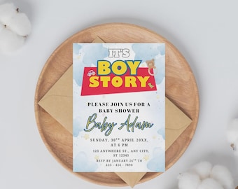 Blue Watercolor Invitation Template, Printable Baptism for Boy, Christening Invite,Gold Minimalist, Editable Canva