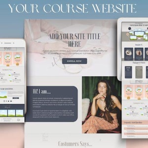Pode incluir: Maquete de design de site com layouts de smartphone, tablet e desktop. O design inclui o texto "YOUR COURSE WEBSITE", "ADD YOUR SITE TITLE HERE" e "ENROLL NOW". Uma mulher est&aacute; sentada no canto inferior direito.