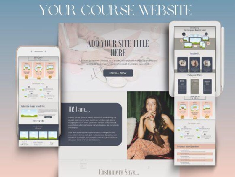 Pode incluir: Maquete de design de site com layouts de smartphone, tablet e desktop. O design inclui o texto "YOUR COURSE WEBSITE", "ADD YOUR SITE TITLE HERE" e "ENROLL NOW". Uma mulher est&aacute; sentada no canto inferior direito.