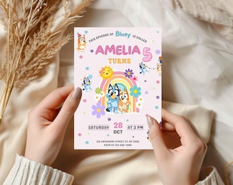 Custom Birthday Invitation Editable Canva Template Digital Kids Party Evite Printable Rainbow Bluey Theme