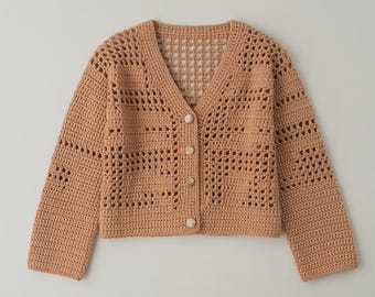Handmade Terracotta Crochet Cropped Cardigan - Boho Style V-Neck Open-Mesh Lace Sweater for Women