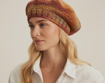 Handmade Crochet Beret Hat for Women - Earthy Terracotta Variegated Wool Beanie