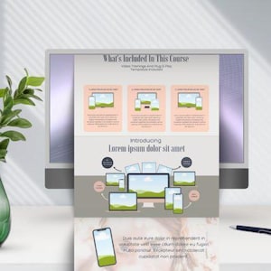 Pode incluir: Um monitor de computador exibindo uma p&aacute;gina da web com o texto "What's Included In This Course" e "Introducing Lorem ipsum dolor sit amet". A p&aacute;gina da web apresenta ilustra&ccedil;&otilde;es de v&aacute;rios dispositivos. Uma planta verde em um vaso de vidro est&aacute; &agrave; esquerda.