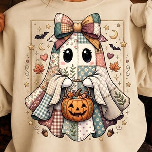 Patchwork-spook png, schattige Halloween-spooksublimatie, coquette Ghost Bow, Pumpkin Trick or Treat, herfstshirtontwerp, spookseizoen png