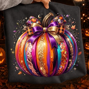 Halloweenpumpa PNG, sublimering av glitterpumpa, höstpumpaskjorta PNG, preppy pumpakokett PNG, pumpaclipart, färgglad pumpa